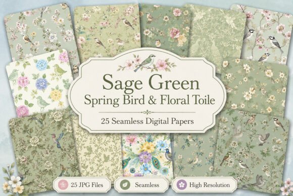 Download Sage Green Spring Bird &amp; Floral Toile - Spring bird Collection